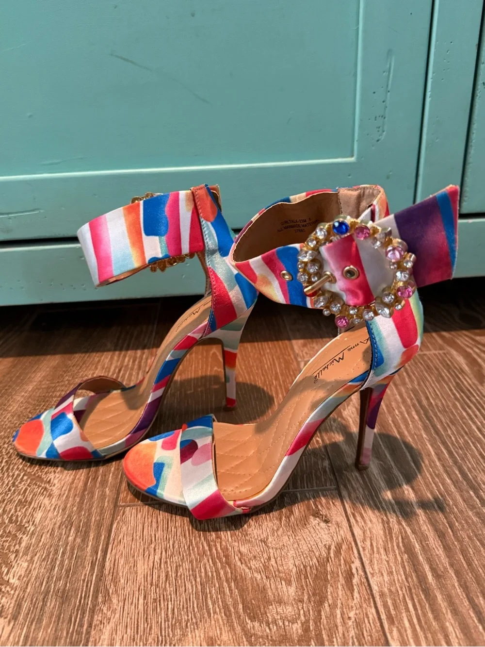 Anne Michelle 4” open toe heels multicolor rhinestone SZ 6/36 FLAW